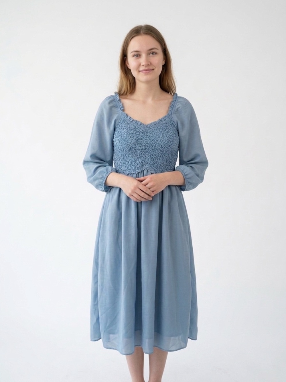 Cloud blue midi smocked dress